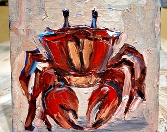 May include: A painting of a red crab on a light beige background. The crab is painted in a thick, impasto style, with visible brushstrokes. The crab's claws are raised, and its eyes are prominent.