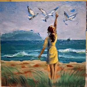 Menina e mar pintura Arte figurativa Pintura a óleo Jovem mulher e gaivotas Arte original Menina e gaivotas paisagem marinha Papelão 8\8in