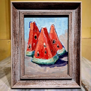 Cuadro de sandía Cuadro de naturaleza muerta Cuadro en marco Cuadro al óleo Cuadro original Arte de frutas Cartón Tamaño del cuadro 6\8 pulgadas
