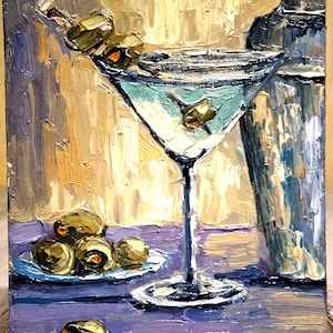 Cuadro de martini sucio Cuadro de martini y aceitunas Cuadro al óleo Cuadro original Arte de bodegón Cóctel de martini Cartón 6\8 pulgadas
