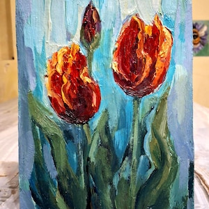 Pintura al óleo de tulipanes rojos. Pintura de flores de tulipanes. Pintura original de flores de primavera. Pintura en miniatura de flores. Arte floral. Cartón de 8\6 pulgadas
