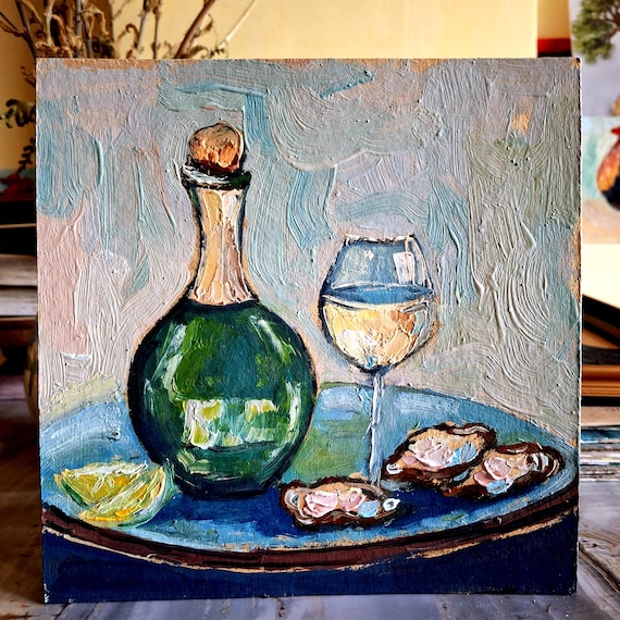 シャンパンと牡蠣の絵画 アルコールアート 静物画 油絵 オリジナル