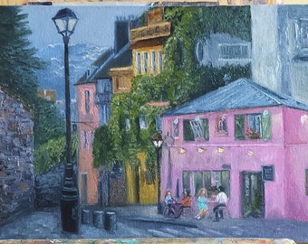 Paris cityscape original painting.Montmartre street art oil painting.Evening on Montmatre.Pink cafe.Canvas on cardboard.13.5\9.5 in.