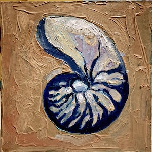 Pintura de concha de nautilus Pintura al óleo Arte de conchas marinas Arte original Arte de pared de concha de nautilus Nautilus azul Pintura pequeña Cartón 6\6