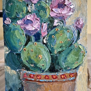 Pintura de cacto Pintura a óleo Pintura original de cacto Pintura de cacto em flor Arte de parede floral Papelão pintado à mão 7\5 pol.