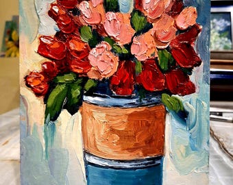 Flower Oil Painting Semi Abstract Flower Bouquet Original Painting Floral Wall Art Flowers in a vase painting Cardboard 6\8 in Impasto style