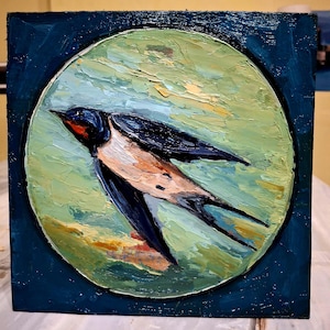 Pintura a óleo de pássaro, pintura a óleo de andorinha, arte original. Arte de pássaro pintada à mão.