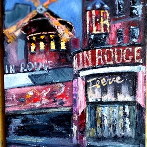 Pintura original del Moulin Rouge. Pintura al óleo de paisaje urbano. Arte original del Moulin Rouge nocturno. Pintura al óleo pequeña de 12\8 pulgadas. Lienzo sobre cartón.