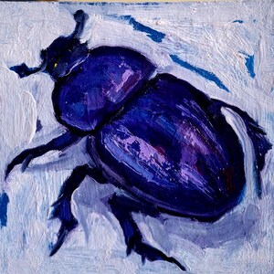 Arte de escarabajo. Pintura original de escarabajo morado. Pintura al óleo de escarabajo. Arte de escarabajos, pintura pequeña de escarabajo. Cuadro hecho a mano. Cartón de 6\6 pulgadas.