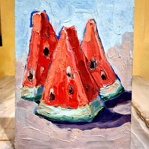 Pintura al óleo de sandía Pintura original Pintura de rebanadas de sandía Pintura de frutas Pintura de cocina Arte pequeño Arte de sandía Cartón 6\8