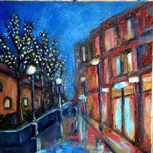 Night street oil painting on canvas.Original oil painting.City landscape oil painting.Walk along the evening street. The first snow.12\12in.