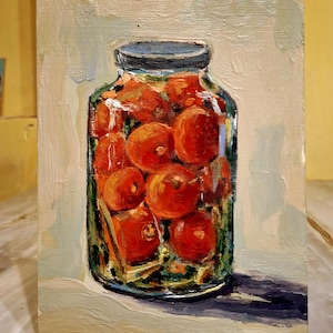 Pintura de tomates Pintura al óleo Pintura de frasco de tomates Pintura original Pintura de cocina Arte de conservas caseras Cartón 6\8 pulgadas