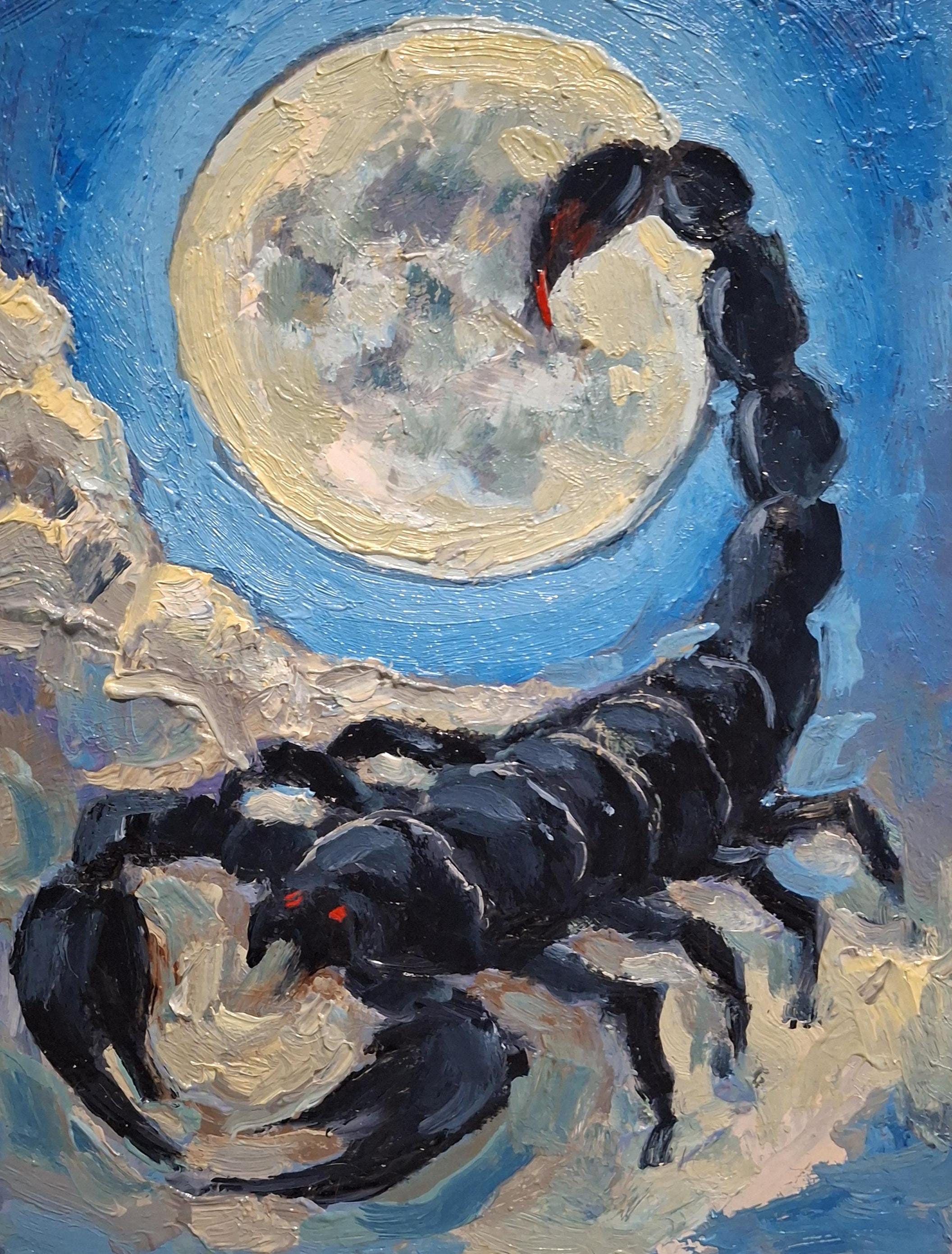 絵画+タペストリー Scorpion Scorpio Original Painting Scorpio and the Moon Oil Painting Black