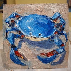 Pintura de cangrejo Pintura al óleo Pintura de cangrejo azul Pintura original Arte de pared de cangrejo azul Pintura pequeña Obra de arte original Cartón 6\6 in