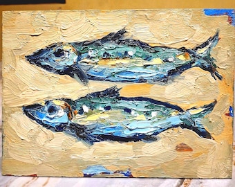 Sardines painting Oil painting Sardines art Original painting Fish art Small painting Cardboard 5\7 in