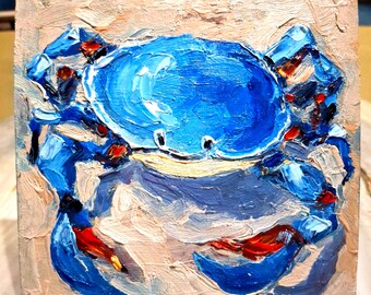 Crab painting Oil painting Blue crab painting Original painting Blue crab wall art Small painting Original art work Cardboard 6\6 in