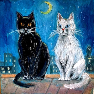 Cuadro de gatos. Cuadro de una pareja de gatos. Gato blanco y negro en el tejado. Pintura al óleo original. Arte de gatos. Arte de animales. Cartón de 20,32 cm.