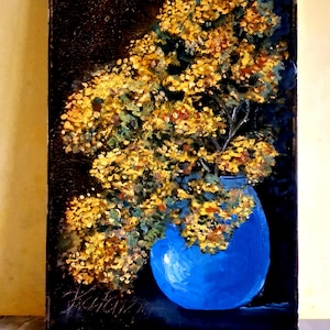 Mimosa oil painting Floral original art Mimosa in a Vase Painting on Canvas.Hand painted Floral wall art Flower painting Canvas 12\16 in