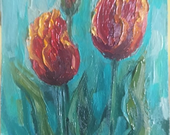 Peinture à l’huile de tulipes rouges. Peinture de fleurs de tulipes. Peinture originale de fleurs de printemps. Peinture miniature de fleurs. Art floral. carton 8\6 po