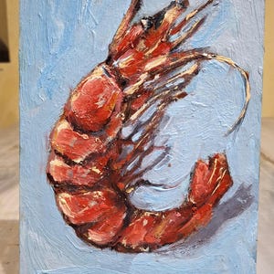 Pintura de camarones. Pintura original de camarones rojos. Pintura de mariscos. Pintura al óleo de camarones rojos. Pintura pequeña. Cartón 5\7 pulgadas. Arte de camarones.