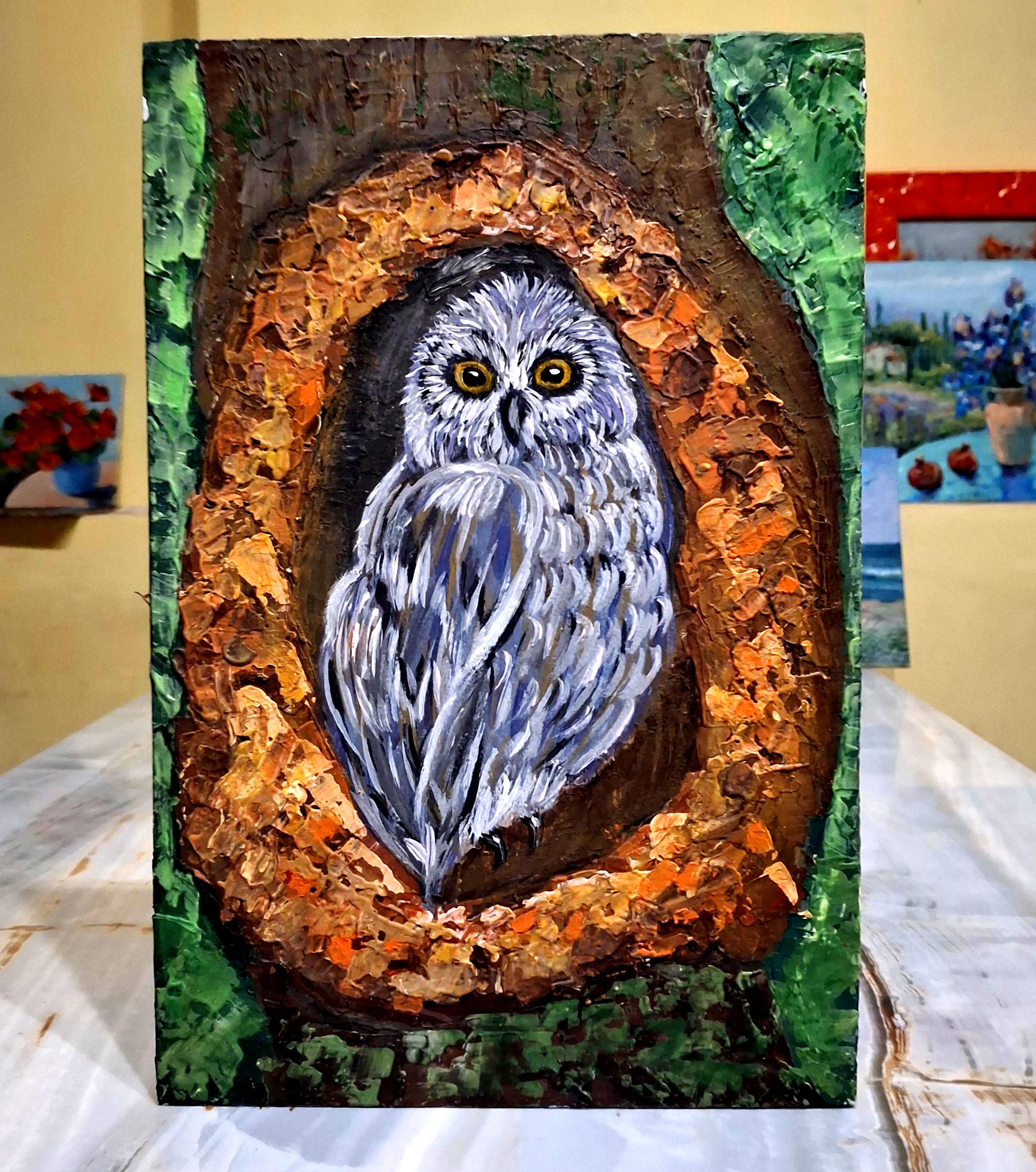 Little owl in a hollow acrylic painting.Owl acrylic painting.Original textured acrylic painting.Wood