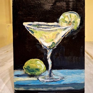 Cuadro de martini Cuadro de martini con lima Cuadro al óleo Cuadro original Naturaleza muerta con martini Arte mural con martini Arte con alcohol Cartón 5\7 in