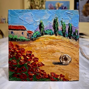 Aceo Paisagem da Toscana Itália Belas artes Toscana Campo com papoulas Pintura a óleo original Pequena pintura Pintura empastada Papelão 4\4 pol.