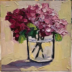 Pintura de hortensias Pintura al óleo Pintura de flores Arte original Hortensias Pintura pequeña Hortensias Arte de pared Arte floral Cartón 5\5 pulgadas