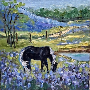 Pintura de lupino de Texas Pintura de lupinos Pintura original antigua Pintura de paisaje Caballo en el prado Pintura al óleo empastada Arte floral 8\8 in
