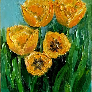 Pintura de tulipanes Pintura al óleo Pintura de tulipanes amarillos Pintura original Arte floral Tulipanes arte original Pintado a mano Pintura pequeña 8\6 in