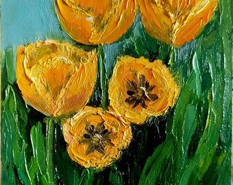 Tulips painting Oil painting Yellow tulips painting Original painting Floral art Tulips original art Hand painted Small painting 8\6 in