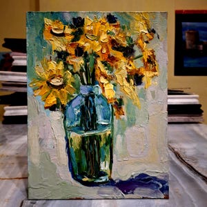 Pintura de flores Flores abstractas Pintura al óleo Pintura original Flores amarillas en un jarrón de vidrio Flores Arte de pared Arte floral Cartón 6\8 pulgadas