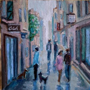 Pintura de paisaje urbano. Pintura al óleo de escena callejera. Pintura original de personas y perros. Arte urbano. Pintura de la vida en la ciudad. Pintado a mano. Cartón. 8\8 pulgadas