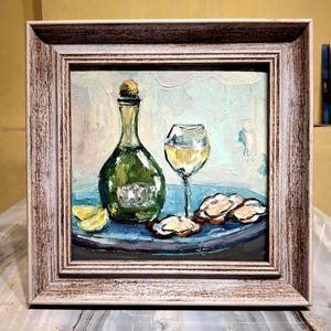 Peinture de champagne et d'huîtres Art de l'alcool Peinture de nature morte Peinture à l'huile Œuvre originale Peinture avec et sans cadre Carton 8\8