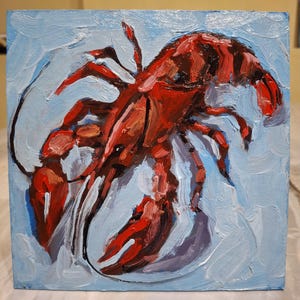 Pintura a óleo de lagostins vermelhos, pintura original, arte de parede de lagostins, pintura pequena impasto, arte de lagostins, papelão 6 \ 6 polegadas