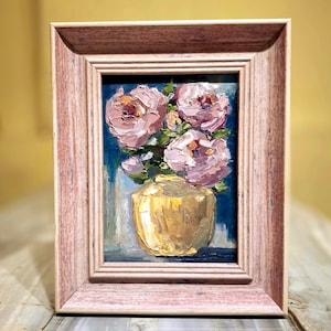 Blumen Ölgemälde Original Gemälde Pfingstrosen Gemälde Bild mit Rahmen Florale Kunst Pfingstrosen Wandkunst Impasto Gemälde Karton 5\7 in