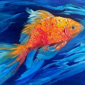 Peinture de poisson doré. Peinture à l'huile d'art de poisson. Peinture originale de poisson doré. Image dans un cadre. Art mural de poisson. Taille 8\12 pouces/Art de poisson.