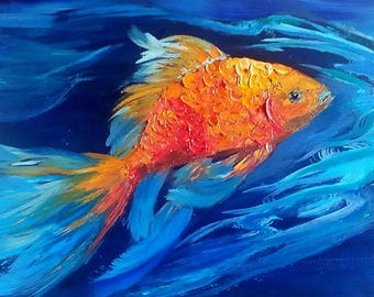 Golden fish painting.Fish art oil painting.Golden fish original painting.picture in frame.Fish wall art.Size 8\12 inches/Fish art.
