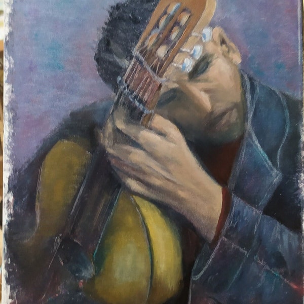 Musicien jouant de la peinture à l’huile de guitare. Portrait d’une peinture originale de guitariste. Peinture émotionnelleArt musical.18\12 in.Canvas