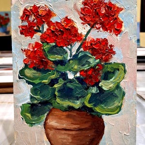 Red Geranium Oil Painting Pelargonium in a pot original painting Small painting Flower wall art Floral art Cardboard 5\7 in