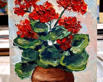 Red Geranium Oil Painting Pelargonium in a pot original painting Small painting Flower wall art Floral art Cardboard 5\7 in