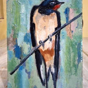 Pintura de pájaro. Pintura original de golondrina. Arte de pájaro. Pintura al óleo de golondrina. Pintura hecha a mano de golondrina. Pintura pequeña de golondrina. Cartón de 5\7 pulgadas