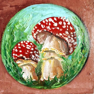 Fly agaric pintura a óleo cogumelo arte mosca agaric pintura original fungo arte original da parede pintado à mão papelão 8 \ 8 em