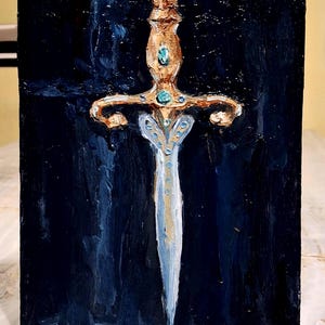 Pintura al óleo de daga. Pintura original de daga. Pintura de daga antigua Hend pintó Arte de daga Joyería arte de daga Cartón 6\8 in