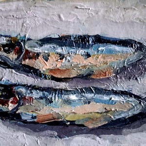 Pintura al óleo de sardinas.Pintura abstracta de sardinas.Arte original.Arte mural de sardinas.Pintura hecha a mano.Arte de sardinas.Cartón 5\7 pulgadas.