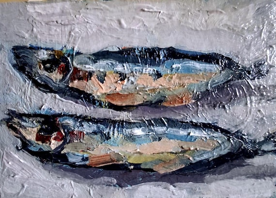 Sardines oil painting.Abstract sardines painting..Original art.Sardines wall art.Handmade painting.Sardines art.Cardboard 5\7 in.