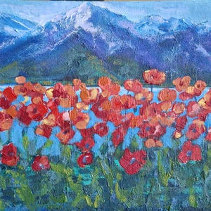 Amapolas pintura acrílica Amapolas rojas paisaje original Amapolas en las montañas pintando amapolas suizas junto al lago pintando Cartón 8\10
