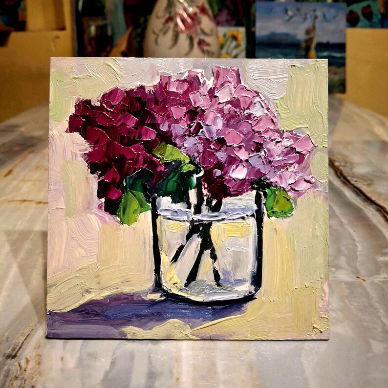 Hydrangea painting Oil painting Flowers painting Original art Hydrangea small painting Hydrangea Wall art Floral art Cardboard 5\5 in image 5