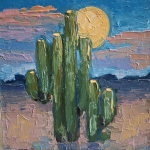 Pintura de paisaje de cactus Cactus en la naturaleza pintura al óleo. Pintura original. Pintura de paisaje de cactus Saguaro Imagen pequeña Cartón 6\6 in.