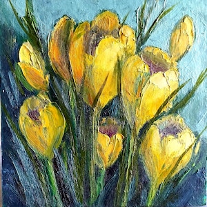 Arte de flores de azafranes. Pintura al óleo de flores de primavera. Pintura original de azafranes amarillos. Pintura en miniatura de azafranes. Cartón de 6\6 pulgadas.